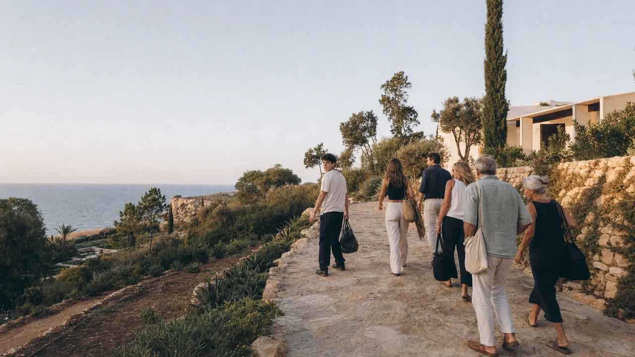 Six adults of different generations leaving along a stone path at dawn