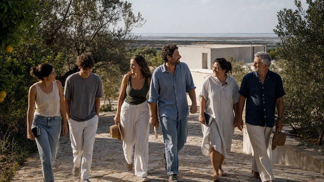 Six people of different generations walking together on a stone path