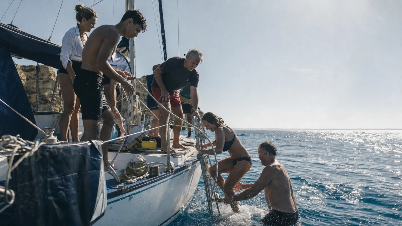 People of different ages helping one another back onto a sailboat