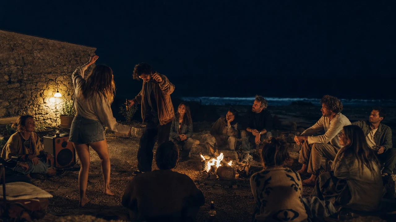 A mixed-age group talking and dancing beside a small fire at night
