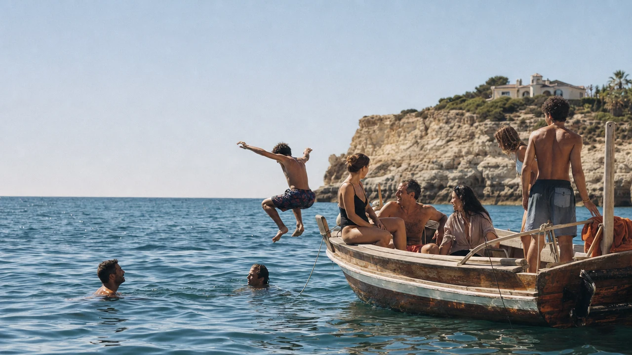 A mixed-age group jumping and swimming beside a small boat