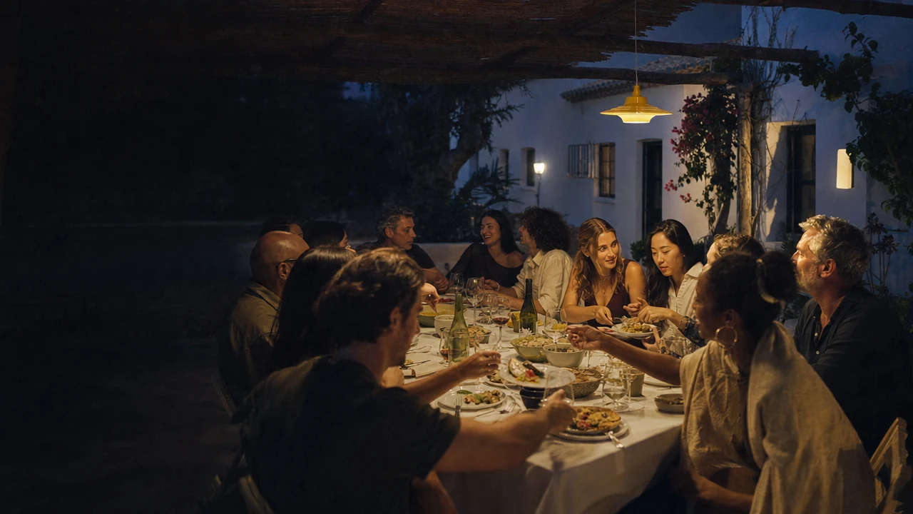 People of different ages sharing a long outdoor dinner at dusk